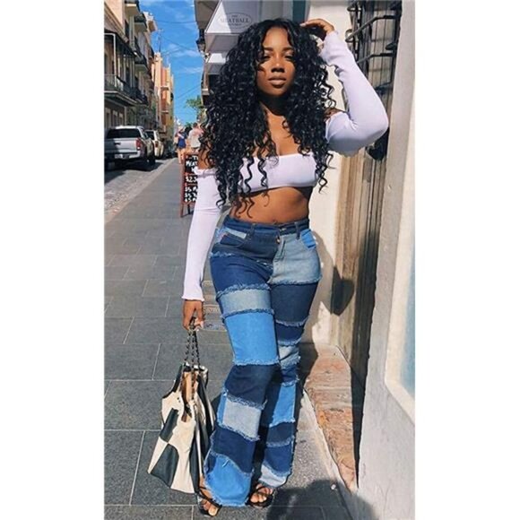 Women's Slim High Waisted Patched Hippie Wide Leg Denim Flared Bell Denim Pants - Picture 6 of 6